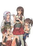  51_(akiduki) akagi_(kantai_collection) akanbe bandage_on_face bare_shoulders black_eye black_legwear blue_skirt bowl breast_hold breasts brown_eyes brown_gloves brown_hair bruise capcom_vs_snk_2 chopsticks covering covering_breasts crossed_bandaids eating food food_on_face gloves grey_background grey_eyes grey_hair hair_ribbon hakama hand_on_another's_head hand_on_another's_shoulder headband highres injury japanese_clothes kaga_(kantai_collection) kantai_collection large_breasts long_hair md5_mismatch medium_breasts multiple_girls muneate parody partly_fingerless_gloves pleated_skirt red_hakama red_skirt ribbon rice rice_bowl rice_on_face rivalry short_hair shoukaku_(kantai_collection) side_ponytail silver_hair single_glove skirt tears thighhighs tongue tongue_out torn_clothes torn_legwear torn_skirt transparent_background white_legwear white_ribbon yugake zuikaku_(kantai_collection) 