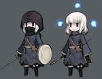  bad_id bad_twitter_id binoculars blue_eyes boots chibi commentary_request covered_mouth dark_souls_ii gloves hood jitome null_(nyanpyoun) shield silver_hair simple_background souls_(from_software) staff sword weapon 