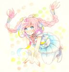  blue_eyes blush hair_ornament long_hair neginoki pink_hair rana_(vocaloid) simple_background smile solo traditional_media vocaloid white_legwear 