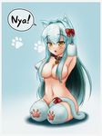  1girl amputee animal_ears bell blue_hair blush bow breasts cat_ears cat_tail collar female hair_bow hair_censor hair_over_breasts large_breasts long_hair looking_at_viewer mikeysukairain paw_print pet_play quadruple_amputee sitting solo speech_bubble tail tharitkung very_long_hair yellow_eyes 