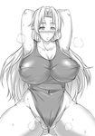  1girl armpits arms_up blush breasts curvy erect_nipples female hair_ornament hairband huge_breasts long_hair m_hito mesiuma_joutai monochrome pubic_hair puffy_nipples pussy_peek simple_background solo spread_legs standing sweat swimsuit uncensored wedgie white_background 