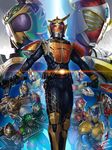  6+boys armor artist_name belt bow_(weapon) dual_wielding glowing hammer helmet highres holding kamen_rider kamen_rider_baron kamen_rider_bravo kamen_rider_duke kamen_rider_gaim kamen_rider_gaim_(series) kamen_rider_gridon kamen_rider_knuckle kamen_rider_kurokage kamen_rider_marika kamen_rider_ryugen kamen_rider_sigurd kamen_rider_zangetsu kamen_rider_zangetsu_shin mask multiple_boys obui orange_eyes polearm purple_eyes red_eyes shoulder_pads signature spear spikes sword weapon yellow_eyes 