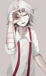  absurdres androgynous bad_id bad_pixiv_id blacktomato14 hair_ornament hairclip highres loose_clothes loose_shirt male_focus necktie one_eye_closed peeking red_eyes shirt smile solo stitches suzuya_juuzou tokyo_ghoul white_hair 