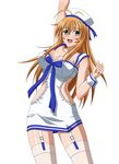  1girl blonde_hair blush breasts costume dress green_eyes hat ikkitousen large_breasts long_hair official_art open_mouth smile sonsaku_hakufu standing thighhighs white_background 
