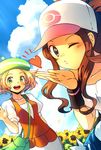  :d bag baseball_cap bel_(pokemon) beret blonde_hair blue_eyes blush brown_hair denim denim_shorts field flower flower_field green_eyes handbag hat heart high_ponytail multiple_girls one_eye_closed open_mouth pokemon pokemon_(game) pokemon_bw sekka_koyori short_hair shorts skirt smile sunflower touko_(pokemon) vest white_skirt wristband 