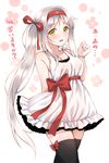  alternate_costume alternate_hairstyle blush bow bracelet casual dress hairband jewelry kantai_collection long_hair open_mouth ren_san shoukaku_(kantai_collection) side_ponytail smile solo thighhighs translated very_long_hair white_hair yellow_eyes 