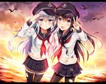  akatsuki_(kantai_collection) bird black_hair black_legwear blue_eyes blue_hair hat hibiki_(kantai_collection) kantai_collection letterboxed long_hair looking_at_viewer multiple_girls ocean open_mouth pantyhose purple_eyes sakamuke salute school_uniform serafuku skirt smile sunset thighhighs torn_clothes torn_legwear v zettai_ryouiki 