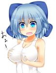  alternate_breast_size alternate_costume blue_eyes blue_hair blush breast_hold breasts casual_one-piece_swimsuit cirno hands_on_own_chest highres large_breasts md5_mismatch one-piece_swimsuit open_mouth self_fondle short_hair simple_background solo swimsuit touhou upper_body us2s white_background white_swimsuit 