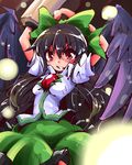  arm_cannon arms_up black_hair bow hair_bow highres light_particles long_hair red_eyes reiuji_utsuho shinapuu sketch skirt solo third_eye touhou weapon wings 