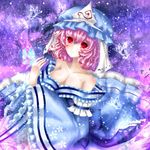  bad_id bad_pixiv_id bare_shoulders breasts cleavage hat highres japanese_clothes looking_at_viewer medium_breasts open_clothes pink_eyes pink_hair ribbon saigyouji_yuyuko sheya short_hair solo touhou triangular_headpiece 