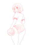  :o ass blush buruma from_behind gym_uniform isaki_(gomi) looking_at_viewer mizuhashi_parsee monochrome open_mouth short_hair sketch solo thighs touhou volleyball 