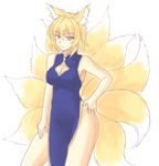  animal_ears armpits blonde_hair breasts china_dress chinese_clothes cleavage cleavage_cutout dress fox_ears fox_tail hands_on_hips isaki_(gomi) large_breasts looking_at_viewer multiple_tails no_panties orange_eyes short_hair sketch smile smirk solo tail touhou wide_hips yakumo_ran 