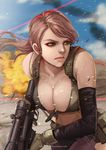  artist_name bikini_top blue_eyes breasts brown_hair cleavage day deviantart_username dust_cloud explosion front-tie_bikini front-tie_top gun large_breasts laser_sight lips magion02 metal_gear_(series) metal_gear_solid_v nose pantyhose ponytail quiet_(metal_gear) realistic rifle scope signature sniper_rifle solo torn_clothes torn_legwear watermark weapon web_address 