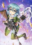  anti-materiel_rifle aqua_eyes aqua_hair black_gloves breasts bullet cleavage fingerless_gloves gloves gun looking_at_viewer medium_breasts pgm_hecate_ii qian_wu_atai rifle scarf short_hair short_shorts shorts sinon sniper_rifle sniper_scope sword_art_online weapon 