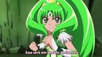  2girls animated animated_gif cape cure_march dress eyeliner eyeshadow gloves green_dress green_eyes green_hair hair_ornament lipstick long_hair lowres magical_girl majorina makeup midorikawa_nao multiple_girls nail_polish ponytail precure smile_precure! smoke subtitled transformation 