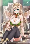  angel_wings aqua_eyes arm_support armlet bare_shoulders black_legwear blonde_hair blush breasts circlet cleavage cleavage_cutout collarbone greek_mythology large_breasts long_hair looking_at_viewer moeru!_girisha_shinwa_no_megami_jiten moeru!_jiten official_art phoebe_(mythology) ray-akila sitting smile solo thighhighs watermark wings 