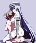  1girl akame_ga_kill! bdsm blue_eyes blue_hair bondage boots bound brown_hair caryo clothed_female_nude_male esdeath femdom hat long_hair military military_uniform nanashino nude peaked_cap tatsumi_(akame_ga_kill!) tears thigh_boots thighhighs uniform 