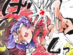  anger_vein bandages bangle bowl bracelet flick hat japanese_clothes jewelry kijin_seija kimono mallet minigirl multiple_girls obi open_mouth purple_hair sash shinapuu short_hair sketch sukuna_shinmyoumaru tears touhou 