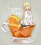  afuro_terumi androgynous artist_name barefoot blonde_hair cup dated english food fruit in_container in_cup inazuma_eleven inazuma_eleven_(series) l_hakase lemon long_hair looking_back male_focus miniboy otoko_no_ko oversized_object red_eyes solo tea teacup very_long_hair 