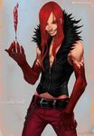  bared_teeth blood carmine chain crystal evil_grin evil_smile fur_collar grin hair_over_one_eye lips lividvelvet long_hair male_focus multicolored multicolored_skin muscle nose pants red_hair red_sclera red_skin sleeveless slit_pupils smile solo two-tone_skin under_night_in-birth vest 