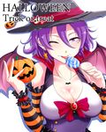  ;p bare_shoulders bat_wings breasts candy cleavage colored_stripes earrings food hair_between_eyes halloween hat jack-o'-lantern jewelry kachirou large_breasts looking_at_viewer mole mole_under_eye one_eye_closed original pumpkin purple_eyes purple_hair short_hair solo star star_earrings striped tongue tongue_out trick_or_treat white_background wings witch_hat 