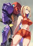 ario armor bare_shoulders blonde_hair blue_eyes breasts commentary_request crop_top gun image_sample large_breasts long_hair looking_at_viewer metroid midriff navel pixiv_sample ponytail samus_aran shorts solo super_smash_bros. varia_suit weapon 