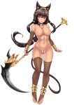  animal_ears anklet armlet black_hair blush bracelet breasts bridal_legwear brown_legwear cat_ears cat_tail collar dark_skin egyptian full_body gloves heart-shaped_lock jewelry large_breasts long_hair looking_at_viewer md5_mismatch navel nipples nude oni-noboru original pubic_hair purple_eyes pussy revision scythe simple_background solo tail thighhighs toeless_legwear white_background 