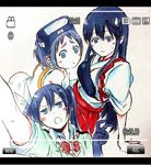  3girls akagi_(kancolle) brown_hair commentary_request diving_mask diving_mask_on_head goggles goggles_on_head hair_ribbon japanese_clothes kantai_collection long_hair maru-yu_(kancolle) multiple_girls muneate reaching reaching_towards_viewer ribbon selfie shimesaba_(simesabaikka) short_hair swimsuit taking_picture tone_(kancolle) twintails viewfinder white_ribbon 