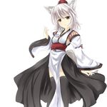  animal_ears bare_shoulders black_legwear blush blush_stickers breasts detached_sleeves hat inubashiri_momiji kourindou_tengu_costume looking_at_viewer numahata_tofu. pom_pom_(clothes) red_eyes short_hair silver_hair simple_background small_breasts solo tail tokin_hat touhou white_background wolf_ears wolf_tail 