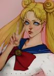  1girl amoona artist_name bishoujo_senshi_sailor_moon blonde_hair blue_eyes bow double_bun long_hair sailor_collar sailor_moon solo tsukino_usagi twintails v 