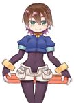  1girl aile bodysuit bracelet brown_hair female green_eyes jewelry rockman rockman_zx shigehiro_(artist) short_hair shorts simple_background smile solo vest 