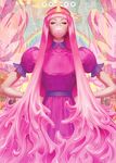  1girl adventure_time bangs blue_eyes blunt_bangs cartoon_network crown dress gum hands_on_hips long_hair pink_hair princess princess_bonnibel_bubblegum rainbow solo stanley_lau 