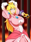  1girl blue_eyes bowser breasts crown dress earrings elbow_gloves female gloves huge_breasts jewelry lactone large_breasts long_hair mario_(series) mushroom nintendo open_mouth princess_peach restrained solo_focus super_mario_bros. 