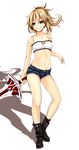  bandeau blonde_hair boots clarent commentary fate/apocrypha fate_(series) full_body green_eyes harino646 jewelry long_hair midriff mordred_(fate) mordred_(fate)_(all) navel necklace ponytail short_shorts shorts simple_background smile solo sword weapon white_background 