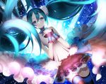  7th_dragon_(series) 7th_dragon_2020 ahoge aile_(crossroads) aqua_hair bare_shoulders black_legwear blue_eyes blush cowboy_shot detached_collar dutch_angle hands_clasped hatsune_miku light_particles long_hair looking_at_viewer own_hands_together skirt smile solo thighhighs twintails very_long_hair vocaloid 