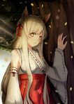  animal_ears bow breasts fox_ears frown hair_bow hair_ornament highres japanese_clothes leaf looking_at_viewer medium_breasts miko original ryuu_(kichikutie23) sky solo symbol-shaped_pupils tree white_hair yellow_eyes 