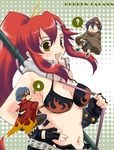  2boys ? bikini_top boota cape chibi chibi_inset cloak fingerless_gloves gloves hazuki_(pacco) kamina multiple_boys navel ponytail red_hair scarf simon spoken_question_mark spoken_sweatdrop sweatdrop tengen_toppa_gurren_lagann yellow_eyes yoko_littner 