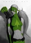  amoona arrow artemis_crock artist_name belt dc_comics gloves grey_background long_hair low_ponytail mask midriff navel ponytail quiver solo spot_color upper_body very_long_hair young_justice 