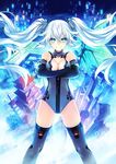  &gt;:) aqua_eyes bangs bare_shoulders black_gloves black_heart blue_leotard breasts building chou_megami_shinkou_noire_gekishin_black_heart circle cityscape cleavage cleavage_cutout crossed_arms elbow_gloves floating_hair gloves glowing grey_legwear gunbuster_pose hair_between_eyes halterneck highres kami_jigen_game_neptune_v leotard light_particles light_smile long_hair looking_at_viewer magical_girl medium_breasts neptune_(series) official_art power_symbol skyscraper smile solo square standing symbol-shaped_pupils thighhighs triangle tsunako turtleneck twintails v-shaped_eyebrows very_long_hair white_hair 