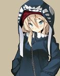  bismarck_(kantai_collection) blue_eyes commentary_request hands_in_pockets hood hoodie iwasaki_takashi kantai_collection looking_at_viewer platinum_blonde_hair shinkaisei-kan solo wo-class_aircraft_carrier zipper 