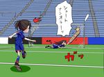  2014_fifa_world_cup 2girls akagi_(kantai_collection) alternate_costume bad_id bad_twitter_id ball brown_hair cheating_(competitive) flight_deck goalkeeper kaga_(kantai_collection) kantai_collection kinosuke_(sositeimanoga) long_hair multiple_girls soccer soccer_ball soccer_field soccer_uniform sportswear translated world_cup 