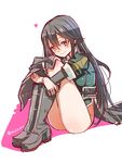  black_footwear black_hair blush boots brown_eyes chikuma_(kantai_collection) heart kantai_collection knee_boots knees_up leg_hug legs_together long_hair looking_at_viewer military military_uniform minimaru no_panties pelvic_curtain remodel_(kantai_collection) side_slit sitting smile solo twitter_username uniform 