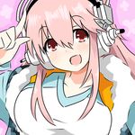  blush breasts hand_on_forehead headphones highres large_breasts long_hair looking_at_viewer nitroplus open_mouth pink_hair red_eyes shimizu smile solo super_sonico 