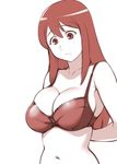  bare_shoulders bra breasts cleavage dressing frown large_breasts long_hair maou_(maoyuu) maoyuu_maou_yuusha monochrome navel red red_eyes red_hair shiny shiny_clothes shiny_hair skindentation solo ueyama_michirou underwear 