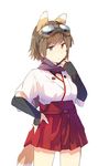  animal_ears brown_eyes brown_hair cowboy_shot fox_ears fox_tail goggles goggles_on_head hakama_skirt haori japanese_clothes katou_keiko ohashi_(hashidate) red_skirt scarf short_hair short_sleeves simple_background skirt solo tail vambraces white_background world_witches_series 