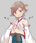  blue_eyes brown_hair clenched_hand error grin heart hiei_(kantai_collection) japanese_clothes kantai_collection nontraditional_miko oomori_(kswmr) open_hand palm-fist_greeting short_hair skirt smile solo 