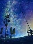  1girl aurora beanie boots brown_hair coat dark fence flashlight from_below glasses goke_shike_(altamira05) hat hood long_hair milky_way night night_sky original railroad_crossing scenery short_hair sign skirt sky star_(sky) starry_sky wind winter winter_clothes winter_coat 