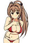  amagi_brilliant_park antenna_hair bare_shoulders bikini blush breast_hold breasts brown_eyes brown_hair cleavage collarbone cowboy_shot hand_on_own_chest kasanui large_breasts long_hair looking_at_viewer navel o-ring o-ring_bottom o-ring_top ponytail red_bikini sento_isuzu shiny shiny_skin sketch solo sweatdrop swimsuit thigh_gap white_background 