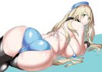  ass atago_(kantai_collection) bikini black_legwear blonde_hair blue_bikini breasts gloves green_eyes hat heart heart-shaped_pupils huge_breasts ion_(cation) kantai_collection long_hair looking_at_viewer looking_back smile solo swimsuit symbol-shaped_pupils thighhighs thighs trefoil very_long_hair 