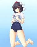  barefoot black_hair blush gym_uniform hat isaki_(gomi) kneeling legs looking_at_viewer pointy_ears pom_pom_(clothes) red_eyes school_swimsuit shameimaru_aya short_hair smile solo swimsuit swimsuit_under_clothes tokin_hat touhou undressing wet wet_clothes 